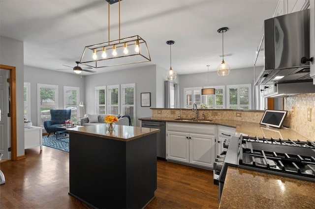 12499 S Marion St, Olathe, KS 66061 - kitchen with appliances with stainless steel finishes, extractor fan, tasteful backsplash, a ceiling fan, and dark wood-style floors