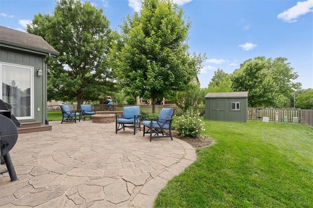 12499 S Marion St, Olathe, KS 66061 - fenced backyard featuring an outdoor fire pit, a patio, and a shed