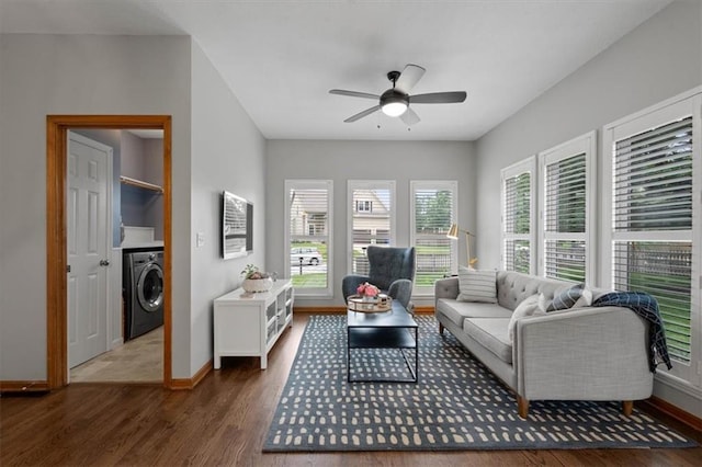 12499 S Marion St, Olathe, KS 66061 - living room with washer / clothes dryer, wood finished floors, and ceiling fan