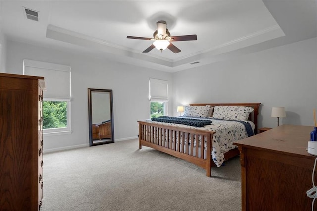 12499 S Marion St, Olathe, KS 66061 - bedroom featuring a raised ceiling, carpet floors, ornamental molding, and ceiling fan