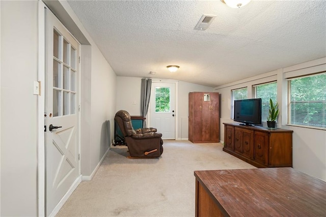118 Village St, Tonganoxie, KS 66086 - living area featuring a textured ceiling, lofted ceiling, and light carpet