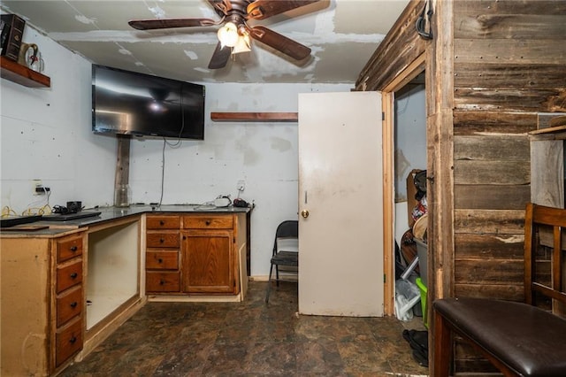 118 Village St, Tonganoxie, KS 66086 - kitchen with open shelves, brown cabinets, and ceiling fan