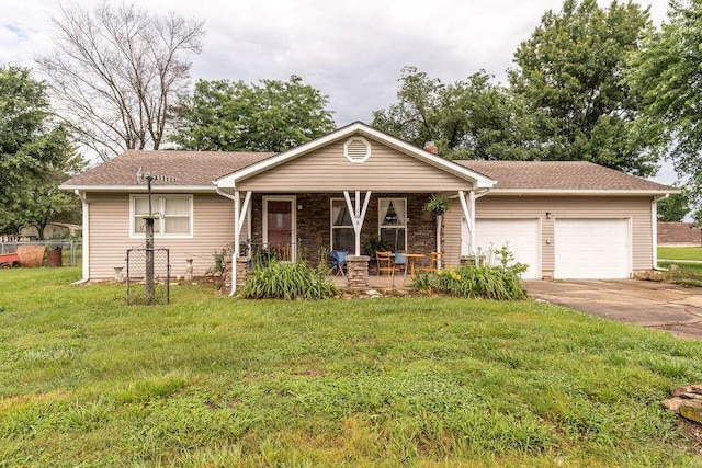 106 S Clark St, Adrian, MO 64720 - single story home with a front yard, a garage, driveway, covered porch, and roof with shingles