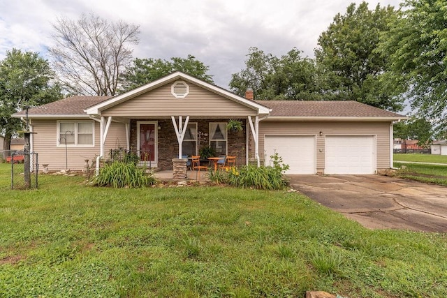 106 S Clark St, Adrian, MO 64720 - ranch-style home featuring an attached garage, covered porch, a front yard, driveway, and a chimney