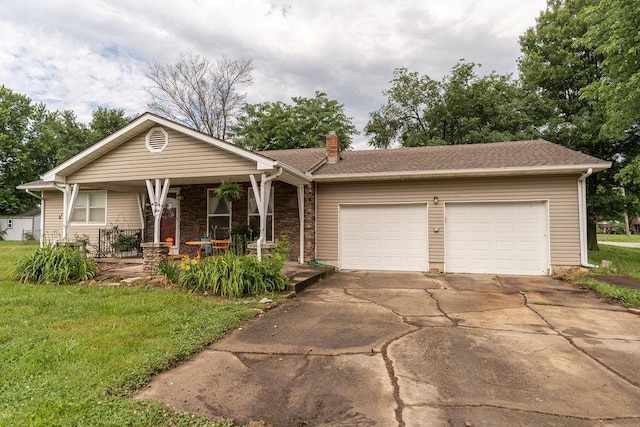 106 S Clark St, Adrian, MO 64720 - view of front of property featuring a garage, a chimney, concrete driveway, covered porch, and a front lawn