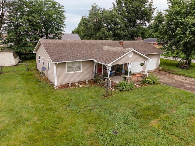 106 S Clark St, Adrian, MO 64720 - view of front of property with driveway, a storage unit, a garage, and roof with shingles