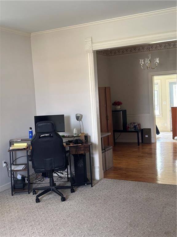 201 W Royle St, Richmond, MO 64085 - office area featuring a chandelier, ornamental molding, wood finished floors, and carpet