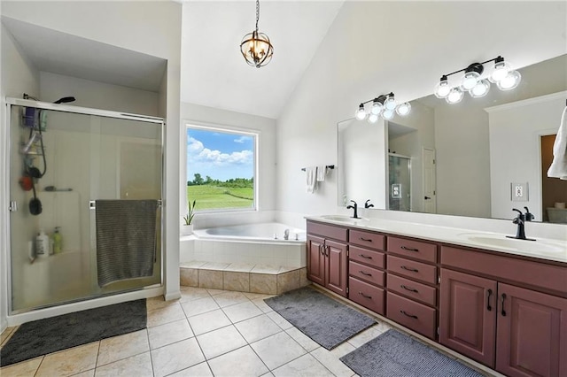 15376 Loring Rd, Bonner Springs, KS 66012 - bathroom with double vanity, a shower stall, a garden tub, tile patterned flooring, and high vaulted ceiling