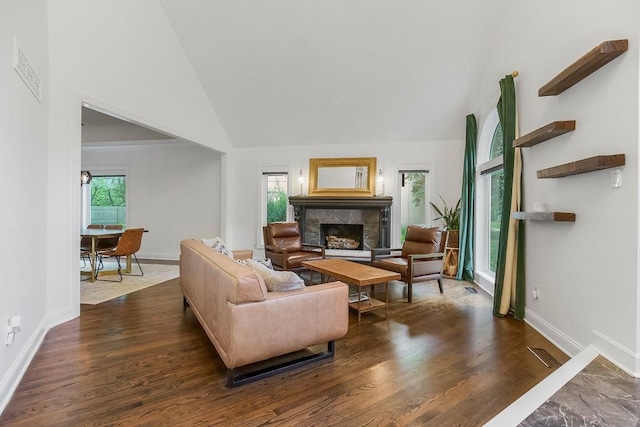 8148 Lingle Ln, Lenexa, KS 66215 - living area featuring a fireplace with raised hearth, wood finished floors, and high vaulted ceiling