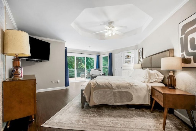 8148 Lingle Ln, Lenexa, KS 66215 - bedroom with wood finished floors, a tray ceiling, crown molding, access to outside, and ceiling fan