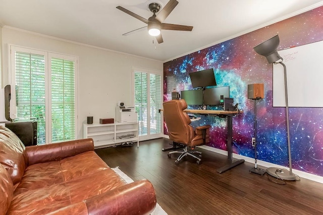 8148 Lingle Ln, Lenexa, KS 66215 - home office with wood finished floors, crown molding, a ceiling fan, wallpapered walls, and an accent wall