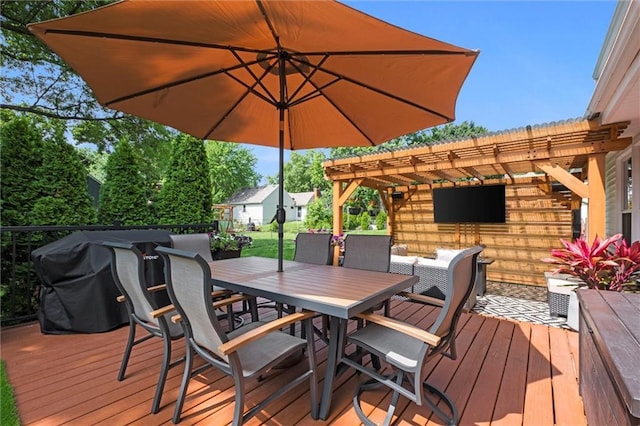 12005 W 100th Ter, Lenexa, KS 66215 - wooden terrace with a pergola, outdoor dining area, and area for grilling