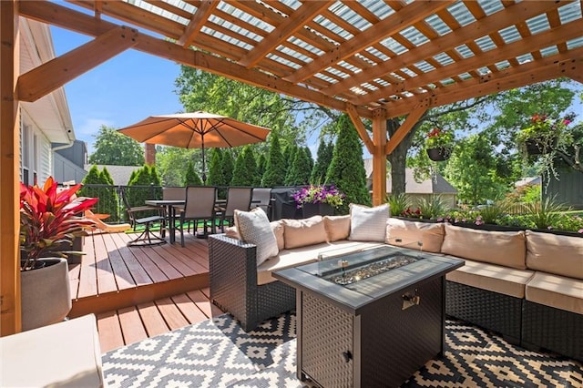 12005 W 100th Ter, Lenexa, KS 66215 - wooden deck with an outdoor living space with a fire pit, outdoor dining area, and a pergola