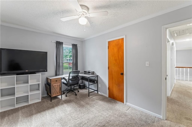 1275 NE Tudor Rd, Lees Summit, MO 64086 - office with attic access, carpet floors, a ceiling fan, ornamental molding, and a textured ceiling