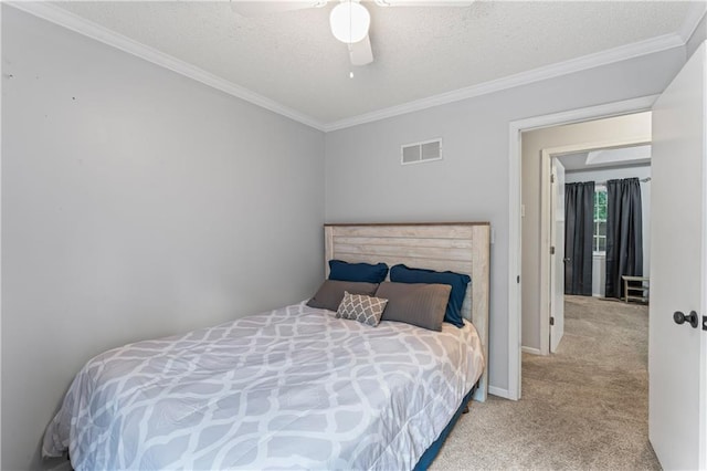 1275 NE Tudor Rd, Lees Summit, MO 64086 - carpeted bedroom with ornamental molding, a textured ceiling, and a ceiling fan