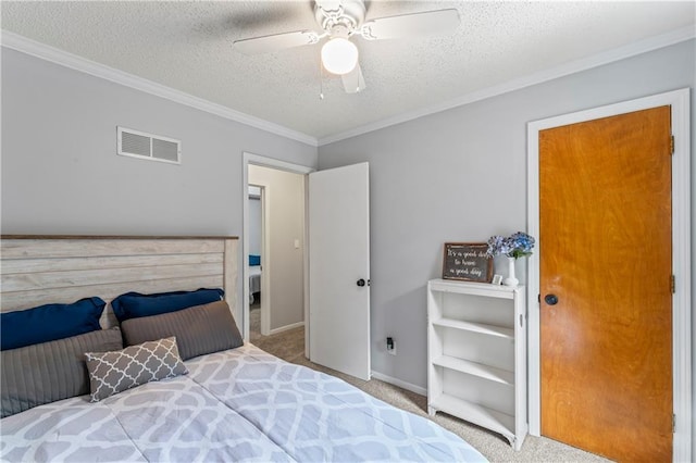 1275 NE Tudor Rd, Lees Summit, MO 64086 - carpeted bedroom featuring ornamental molding, a textured ceiling, and ceiling fan