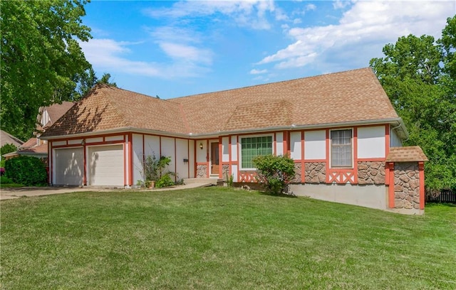 12417 Newton Ct, Grandview, MO 64030 - view of front of property with stone siding, a front yard, a garage, and driveway