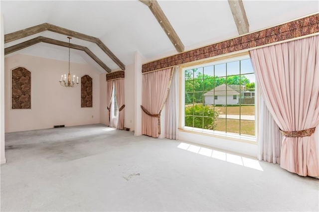 12417 Newton Ct, Grandview, MO 64030 - unfurnished living room with a chandelier, carpet flooring, and vaulted ceiling
