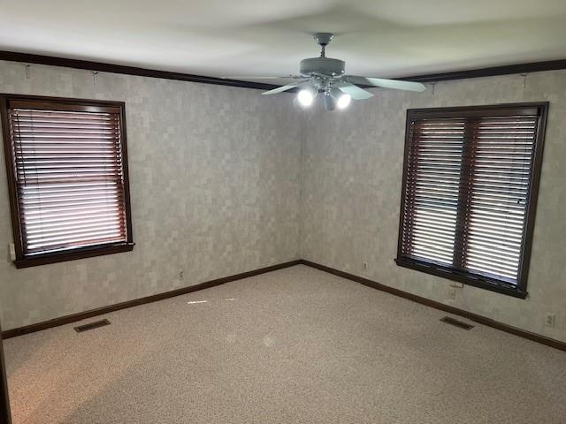 1901 NE River Ridge Rd, Saint Joseph, MO 64507 - spare room with carpet floors, ceiling fan, and crown molding