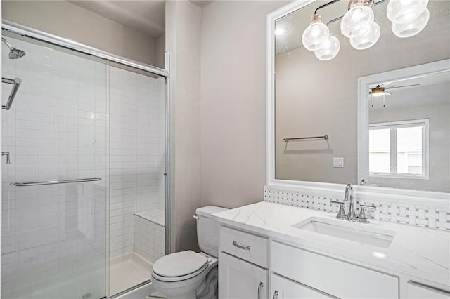 17117 Bluejacket St, Overland Park, KS 66221 - bathroom with vanity, a stall shower, and a ceiling fan