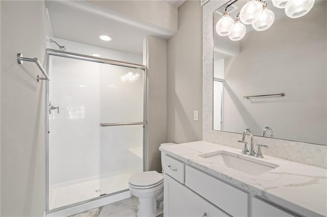 17117 Bluejacket St, Overland Park, KS 66221 - bathroom featuring vanity, a shower stall, a chandelier, marble look tile flooring, and recessed lighting