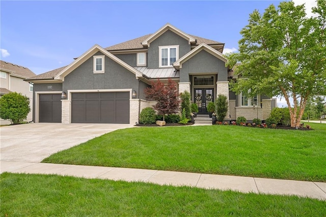 17117 Bluejacket St, Overland Park, KS 66221 - craftsman-style house featuring french doors, stucco siding, concrete driveway, an attached garage, and a front lawn