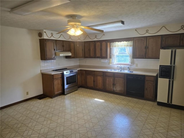 18916 166th St, Basehor, KS 66007 - kitchen featuring white refrigerator with ice dispenser, stainless steel electric range oven, black dishwasher, under cabinet range hood, and light countertops