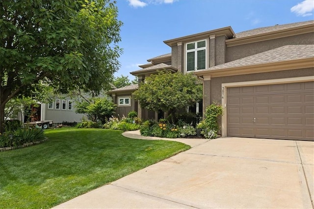 5814 Aminda St, Shawnee, KS 66226 - view of front facade with a front lawn, driveway, a garage, and stucco siding