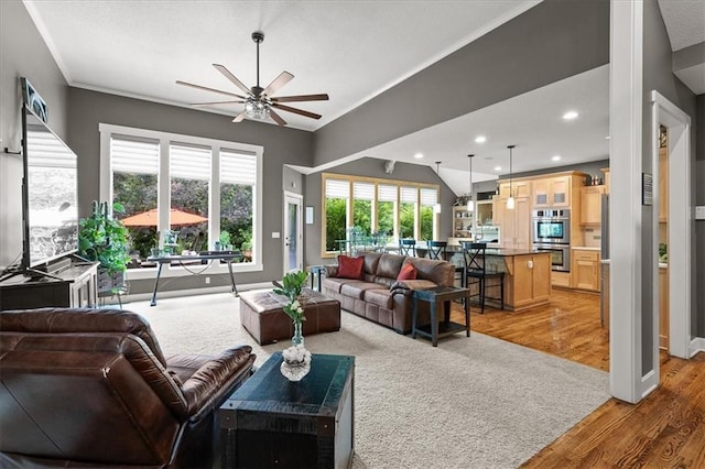 5814 Aminda St, Shawnee, KS 66226 - living room with a ceiling fan, light wood-type flooring, and recessed lighting