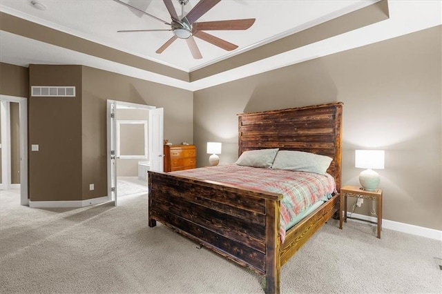 5814 Aminda St, Shawnee, KS 66226 - bedroom with light colored carpet, ensuite bath, a ceiling fan, and crown molding