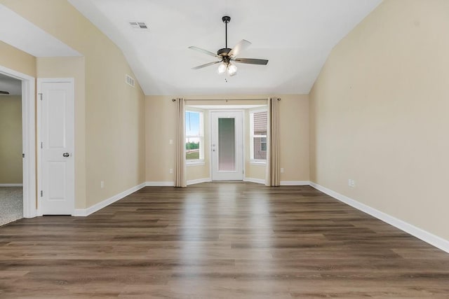 21119 E 8th St S, Independence, MO 64056 - empty room with vaulted ceiling, ceiling fan, and wood finished floors