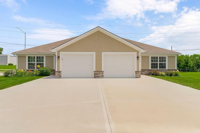 21119 E 8th St S, Independence, MO 64056 - ranch-style home featuring stucco siding, stone siding, and a front lawn