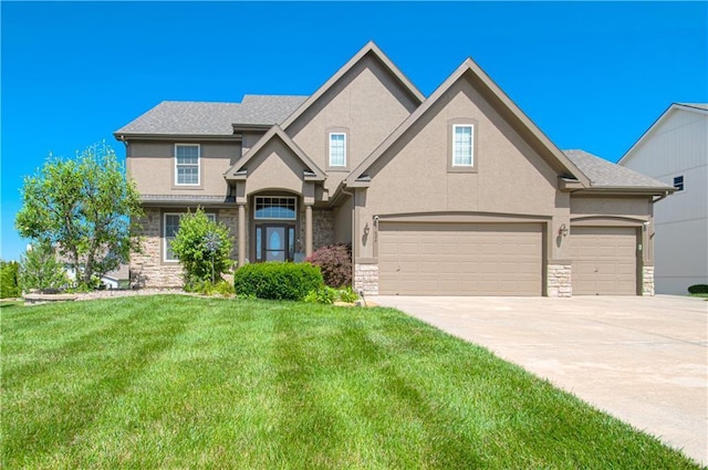 9624 N Arlington Ave, Kansas City, MO 64158 - view of front of house featuring stone siding, stucco siding, driveway, and a front lawn