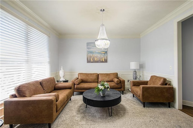 9624 N Arlington Ave, Kansas City, MO 64158 - living area featuring crown molding, a chandelier, and a wainscoted wall