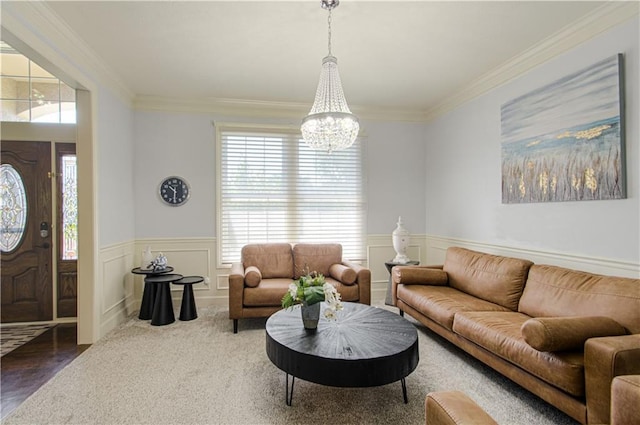 9624 N Arlington Ave, Kansas City, MO 64158 - living room with a chandelier, ornamental molding, and a wainscoted wall