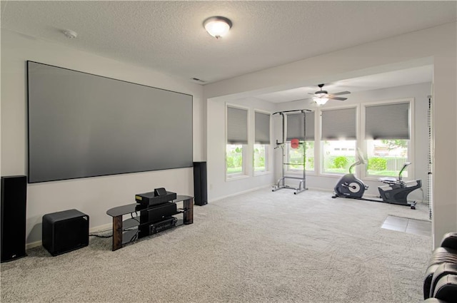 9624 N Arlington Ave, Kansas City, MO 64158 - home theater featuring carpet flooring, a textured ceiling, and ceiling fan