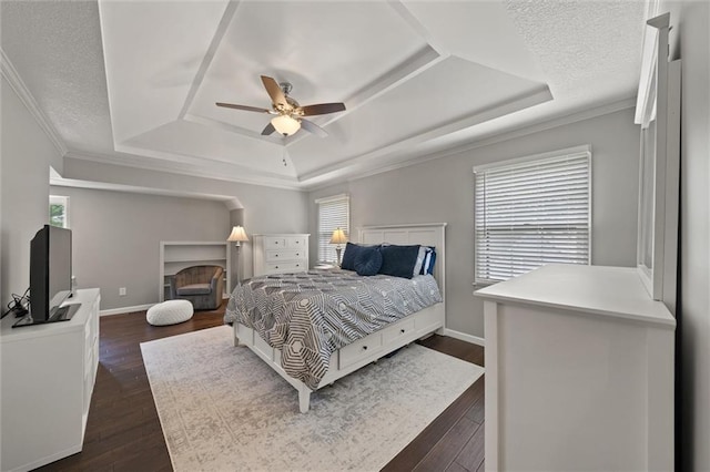 9805 W 121st Ter, Overland Park, KS 66213 - bedroom featuring a raised ceiling, dark wood-type flooring, crown molding, and ceiling fan