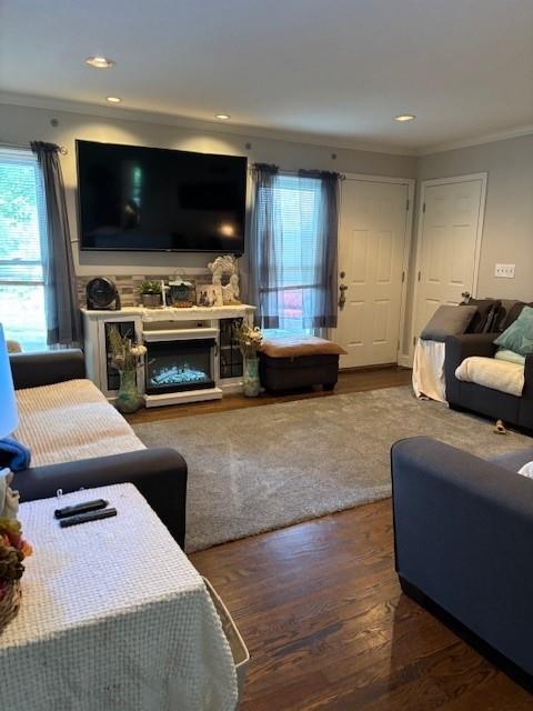9105 W 95th Ter, Overland Park, KS 66212 - living area featuring crown molding, wood finished floors, a fireplace, and recessed lighting