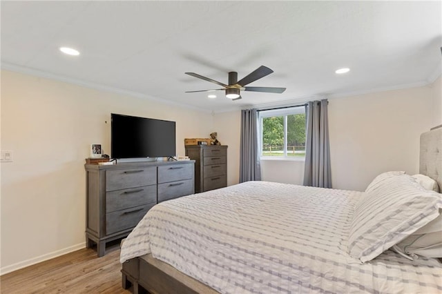 4901 E 215th St, Belton, MO 64012 - bedroom with light wood-style floors, recessed lighting, crown molding, and a ceiling fan