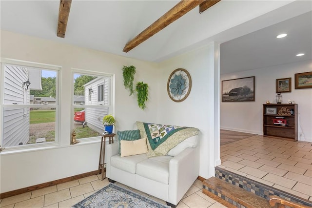 4901 E 215th St, Belton, MO 64012 - sitting room featuring tile patterned flooring, recessed lighting, and beamed ceiling