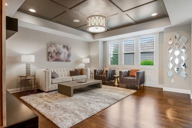 15801 Canterbury St, Overland Park, KS 66224 - living area with dark wood-type flooring, coffered ceiling, and recessed lighting