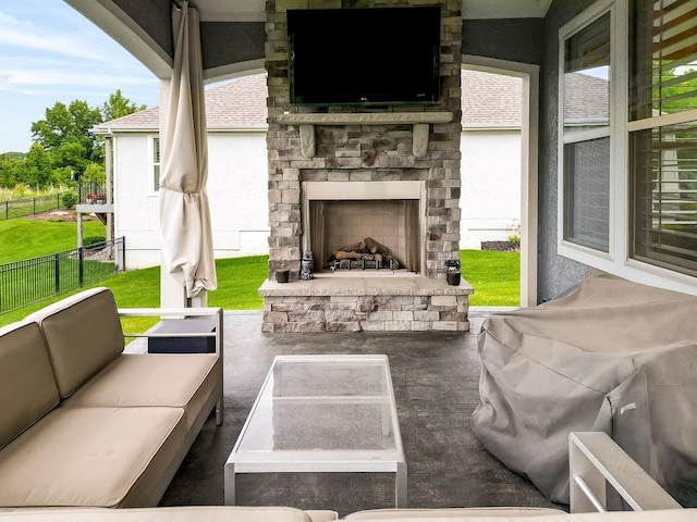 15801 Canterbury St, Overland Park, KS 66224 - view of patio / terrace featuring an outdoor living space with a fireplace