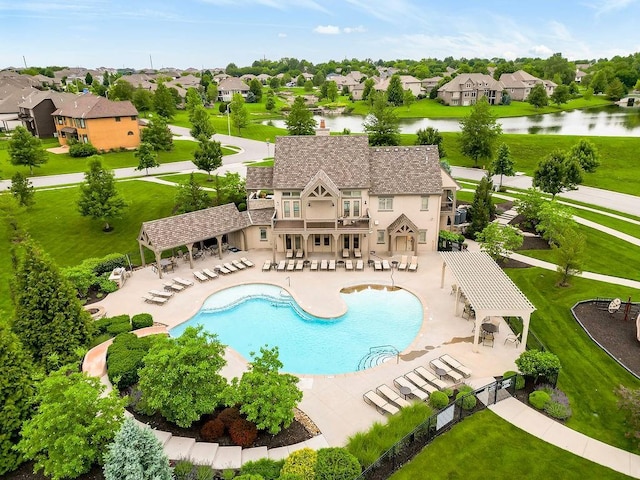 15801 Canterbury St, Overland Park, KS 66224 - community pool featuring a pergola, a water view, a patio, a gazebo, and a residential view