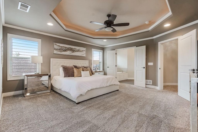 15801 Canterbury St, Overland Park, KS 66224 - bedroom with a raised ceiling, ornamental molding, carpet floors, ceiling fan, and ensuite bath