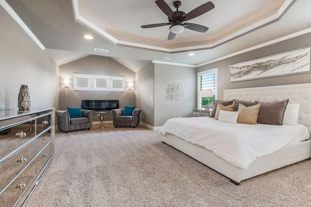 15801 Canterbury St, Overland Park, KS 66224 - carpeted bedroom with a raised ceiling, ornamental molding, recessed lighting, and ceiling fan