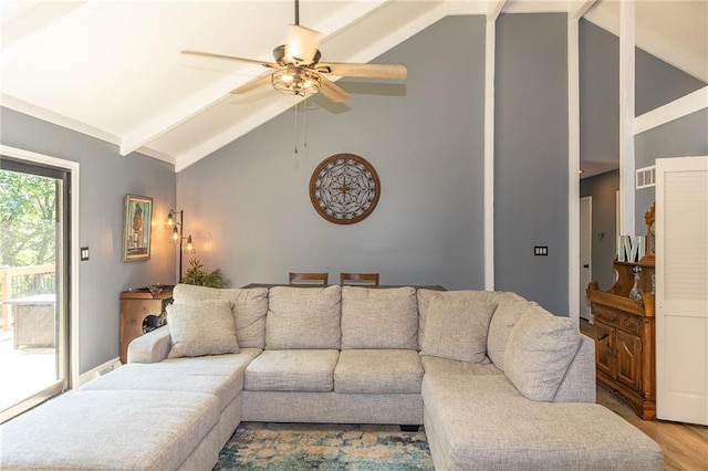 8605 Deer Run St, Lenexa, KS 66220 - living room with a ceiling fan, light wood-type flooring, high vaulted ceiling, and beamed ceiling