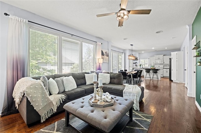 22116 W 51st St, Shawnee, KS 66226 - living area featuring ceiling fan, dark wood-style floors, and a textured ceiling