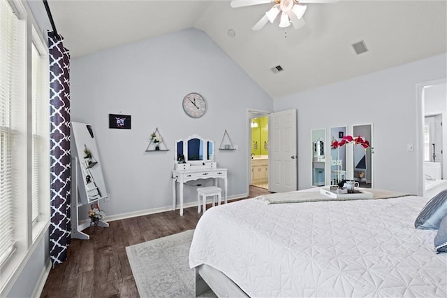 22116 W 51st St, Shawnee, KS 66226 - bedroom featuring wood finished floors, high vaulted ceiling, and a ceiling fan