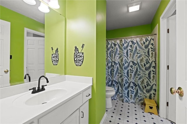 22116 W 51st St, Shawnee, KS 66226 - bathroom featuring vanity, tile patterned floors, curtained shower, and a textured ceiling