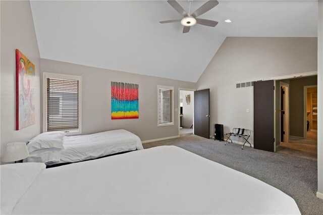 4813 NW Northwood Rd, Riverside, MO 64150 - bedroom featuring carpet flooring, high vaulted ceiling, and ceiling fan